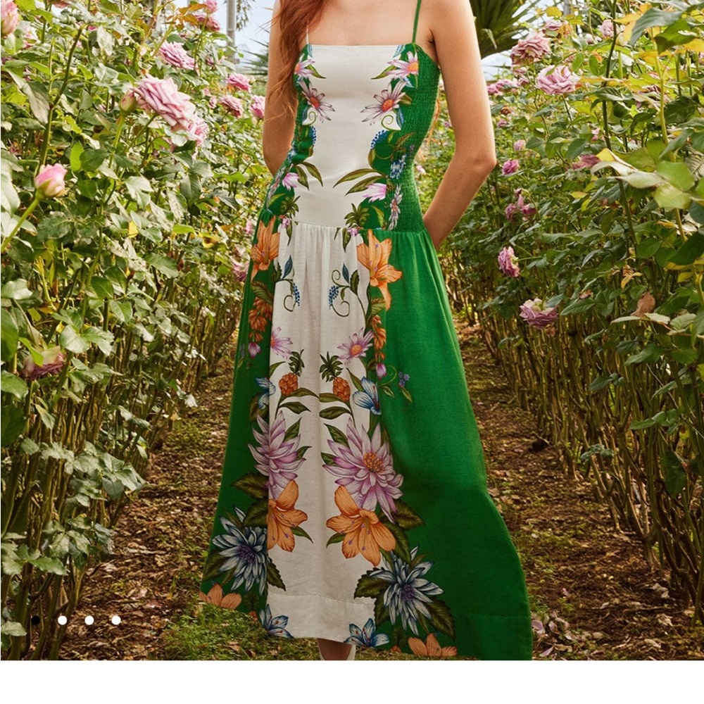 FARM Rio Green and White Midi Sundress with Spaghetti Straps